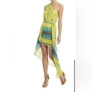 BCBG Margo One Shoulder Lemongrass cascading asymmetrical hem party dress S